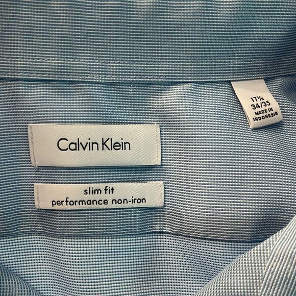 Men's Calvin Klein Slim Fit Performance Non-iron LS Blue Dress Shirt - Picture 7 of 9